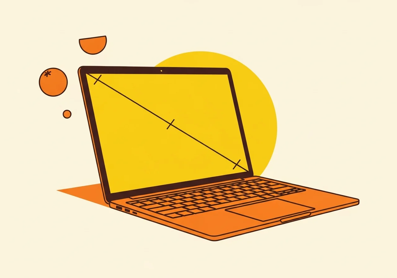Illustration éditoriale d'un PC portable 14 pouces ouvert avec halo jaune et demi-cercles apricot