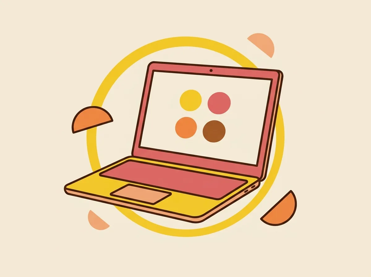 Illustration éditoriale d'un Chromebook ouvert avec quatre pastilles colorées à l'écran, halo jaune et demi-cercles tangerine