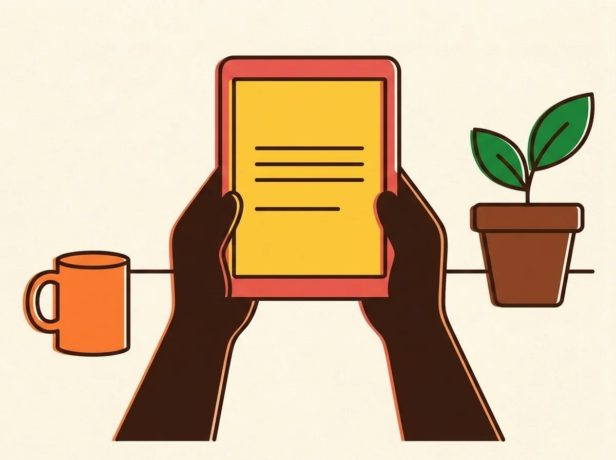 Illustration éditoriale de deux mains tenant une tablette en lecture, plante verte et mug tangerine