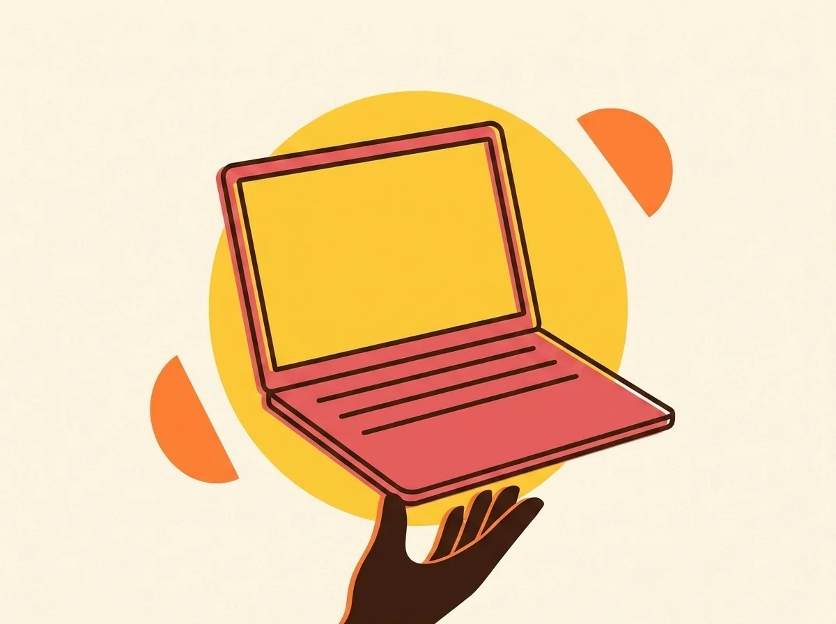 Illustration éditoriale d'un ultrabook fin en lévitation sur halo jaune